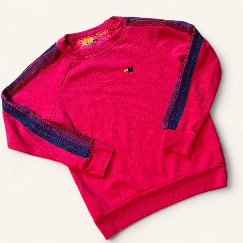 Aviator Nation Kids Size 12 Sweatshirt Pink Crewneck Stripe Sleeve Made in USA